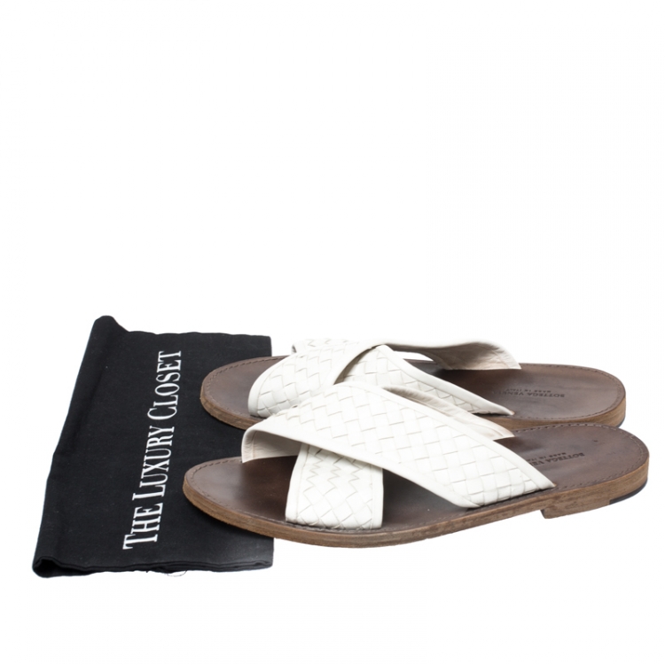 Pre Owned Bottega Veneta White Criss Cross Intrecciato Leather Flat Slides Size 43