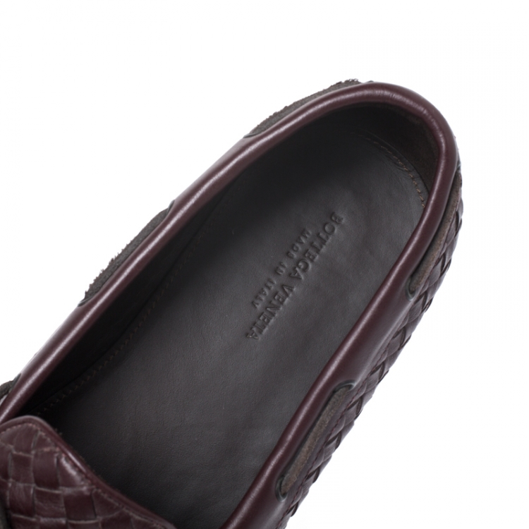 Pre Owned Bottega Veneta Burgundy Intrecciato Leather Bow Loafers Size 42.5