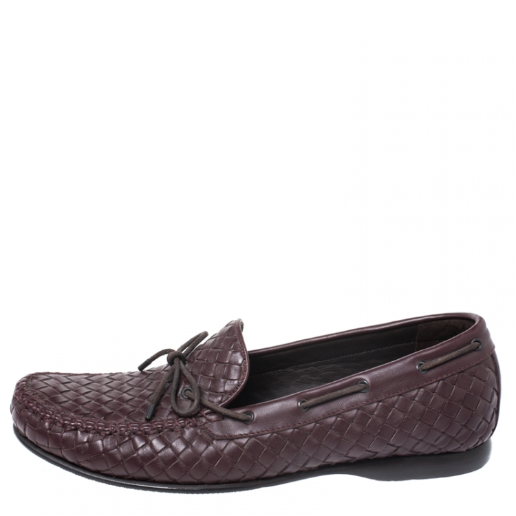 Pre Owned Bottega Veneta Burgundy Intrecciato Leather Bow Loafers Size 42.5