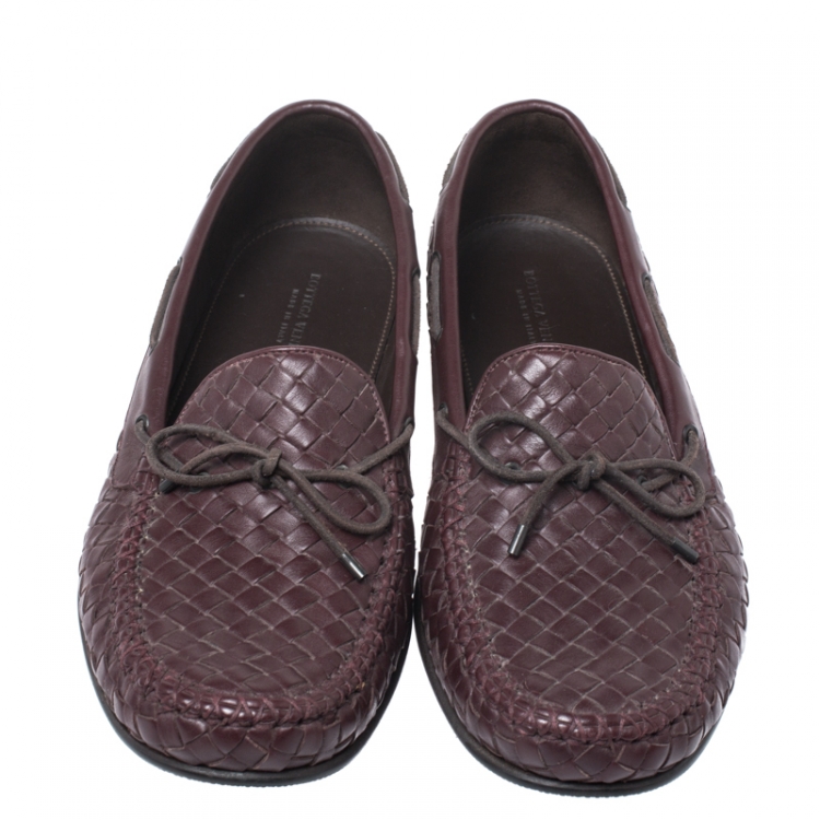 Pre Owned Bottega Veneta Burgundy Intrecciato Leather Bow Loafers Size 42.5
