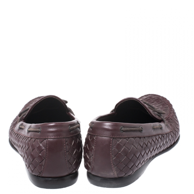 Pre Owned Bottega Veneta Burgundy Intrecciato Leather Bow Loafers Size 42.5