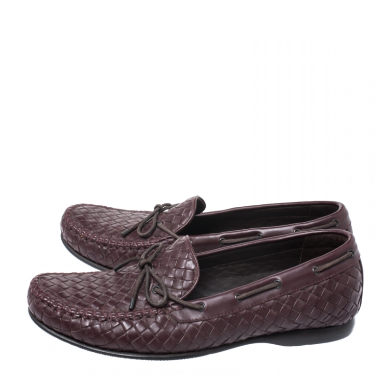 Pre Owned Bottega Veneta Burgundy Intrecciato Leather Bow Loafers Size 42.5