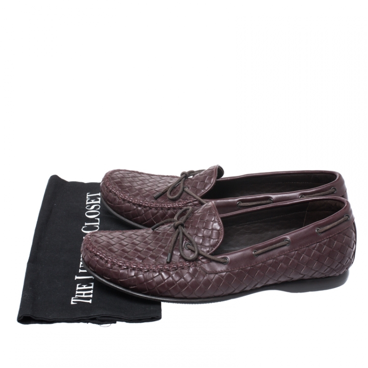 Pre Owned Bottega Veneta Burgundy Intrecciato Leather Bow Loafers Size 42.5