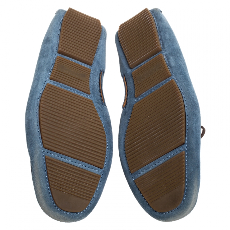 Pre Owned Bottega Veneta Blue Intrecciato Suede Bow Slip On Loafers Size 43