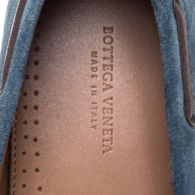 Pre Owned Bottega Veneta Blue Intrecciato Suede Bow Slip On Loafers Size 43