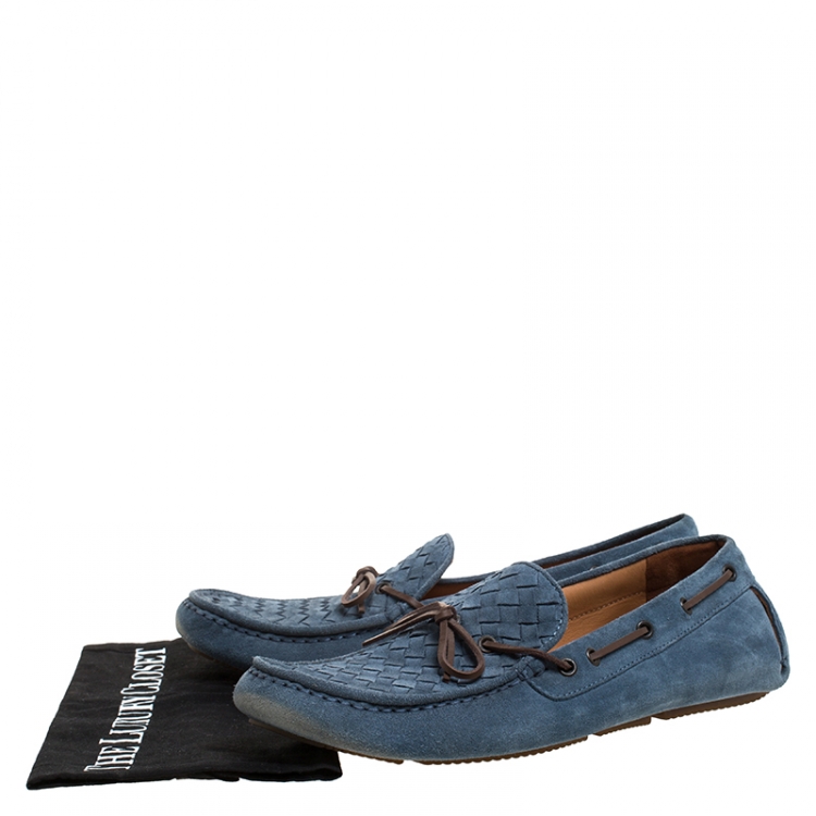 Pre Owned Bottega Veneta Blue Intrecciato Suede Bow Slip On Loafers Size 43