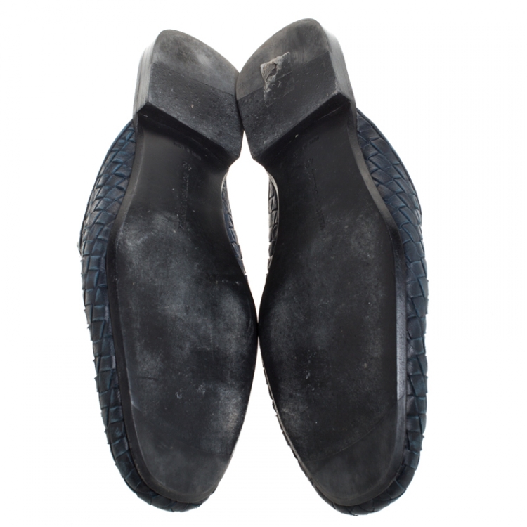 Pre Owned Bottega Veneta Navy Blue Intrecciato Leather Fiandra Mules Size 42