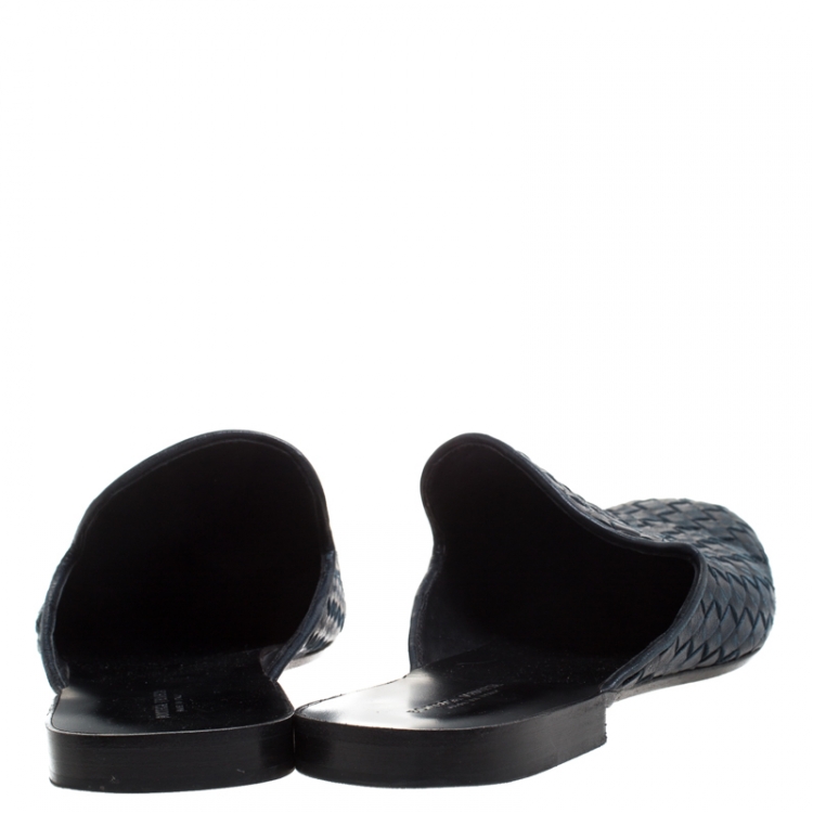 Pre Owned Bottega Veneta Navy Blue Intrecciato Leather Fiandra Mules Size 42