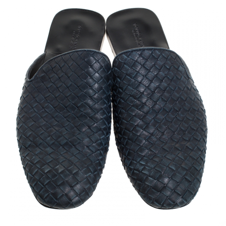 Pre Owned Bottega Veneta Navy Blue Intrecciato Leather Fiandra Mules Size 42