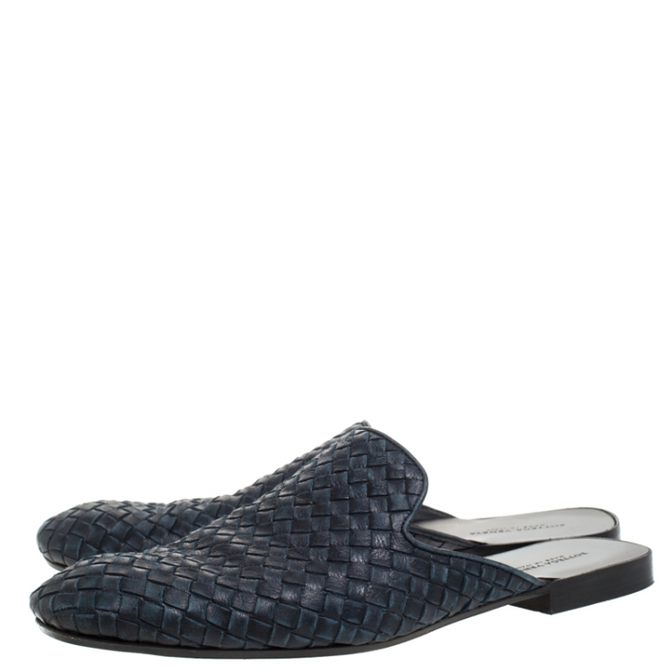 Pre Owned Bottega Veneta Navy Blue Intrecciato Leather Fiandra Mules Size 42