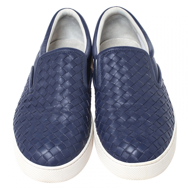 Pre Owned Bottega Veneta Dark Blue Intrecciato Leather Slip On Sneakers Size 42