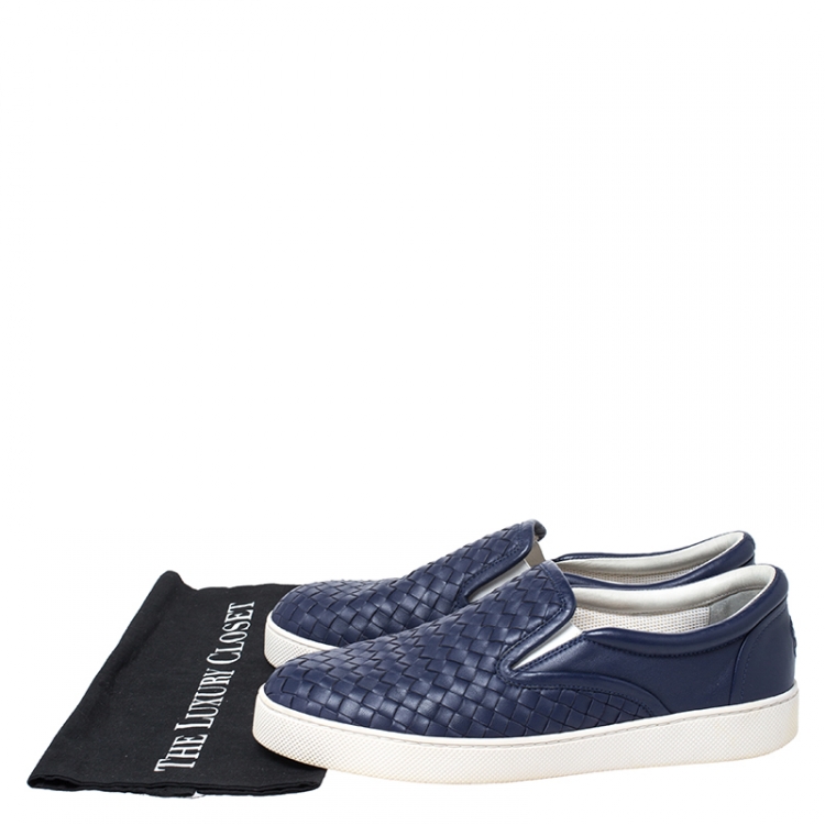 Pre Owned Bottega Veneta Dark Blue Intrecciato Leather Slip On Sneakers Size 42