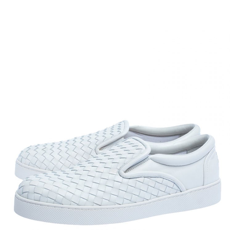 Pre Owned Bottega Veneta White Intrecciato Leather Dodger Slip On Sneakers Size 43
