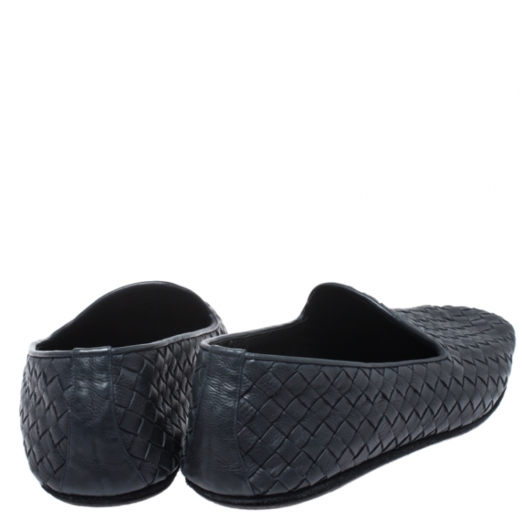 Pre Owned Bottega Veneta Blue Intrecciato Leather Smoking Slippers Size 40.5