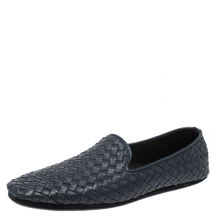 Pre Owned Bottega Veneta Blue Intrecciato Leather Smoking Slippers Size 40.5