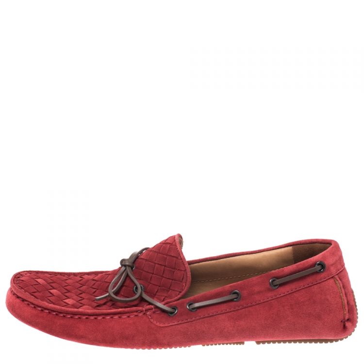 Pre Owned Bottega Veneta Red Intrecciato Suede Bow Slip On Loafers Size 42