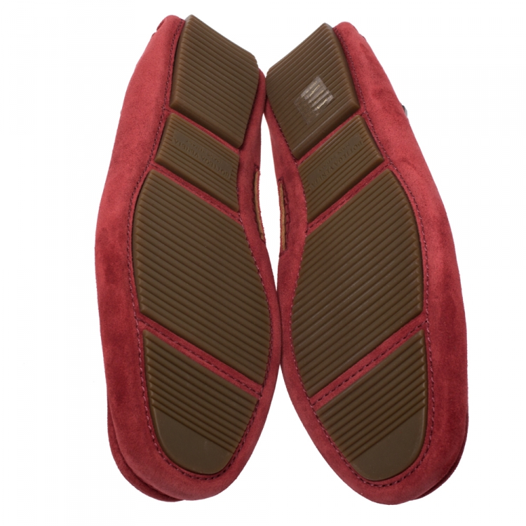 Pre Owned Bottega Veneta Red Intrecciato Suede Bow Slip On Loafers Size 42