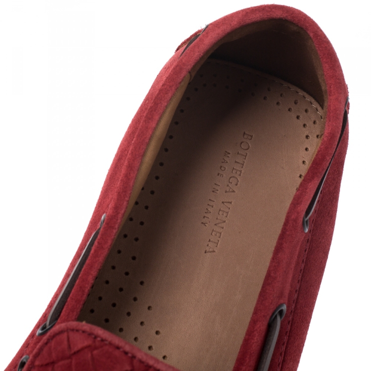 Pre Owned Bottega Veneta Red Intrecciato Suede Bow Slip On Loafers Size 42