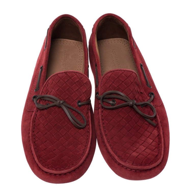 Pre Owned Bottega Veneta Red Intrecciato Suede Bow Slip On Loafers Size 42