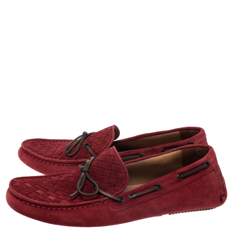 Pre Owned Bottega Veneta Red Intrecciato Suede Bow Slip On Loafers Size 42