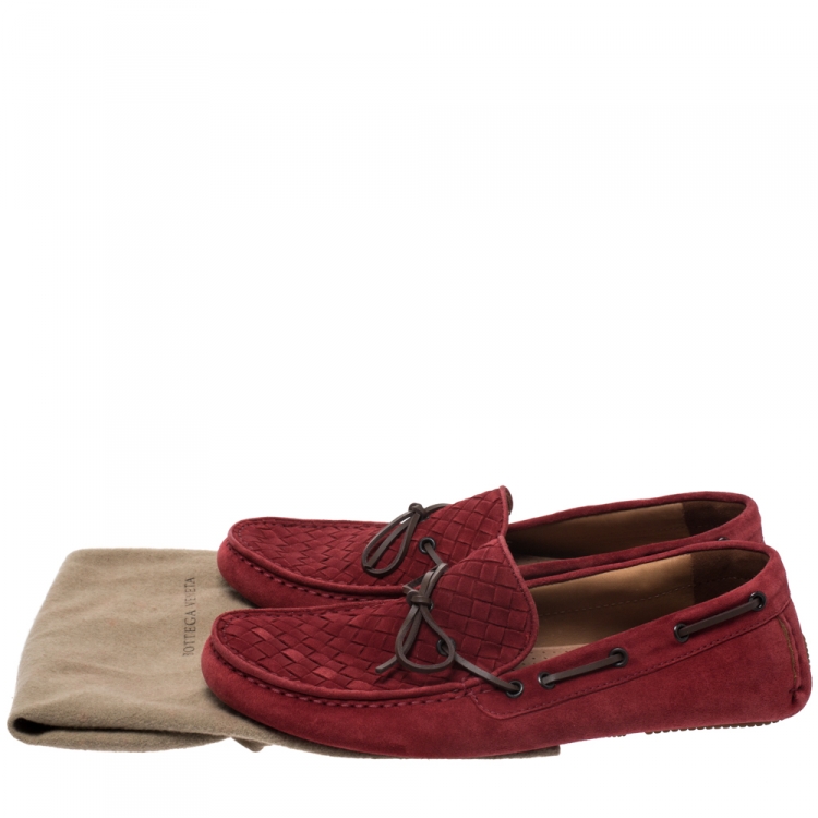 Pre Owned Bottega Veneta Red Intrecciato Suede Bow Slip On Loafers Size 42