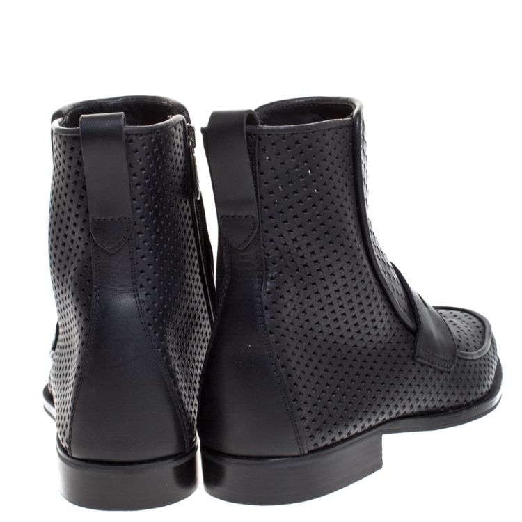 Pre Owned Bottega Veneta Black Perforated Leather Loafer Boots Size 40