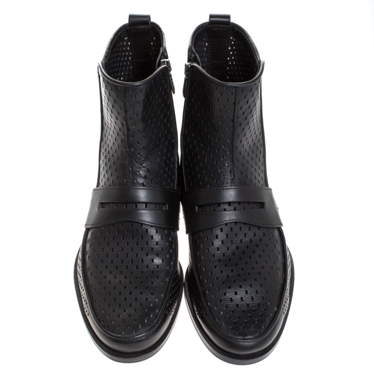 Pre Owned Bottega Veneta Black Perforated Leather Loafer Boots Size 40