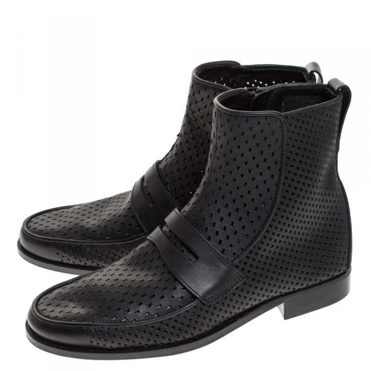 Pre Owned Bottega Veneta Black Perforated Leather Loafer Boots Size 40