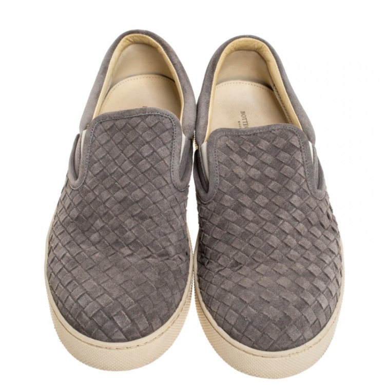 Pre Owned Bottega Veneta Grey Intrecciato Suede Slip On Sneakers Size 43