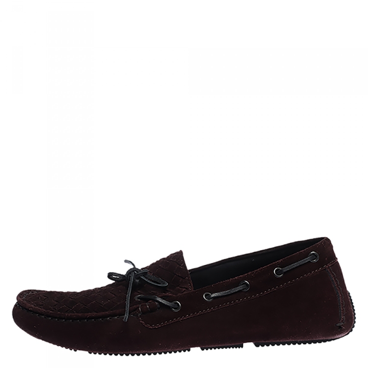 Pre Owned Bottega Veneta Burgundy Intrecciato Suede Leather Loafers Size 43