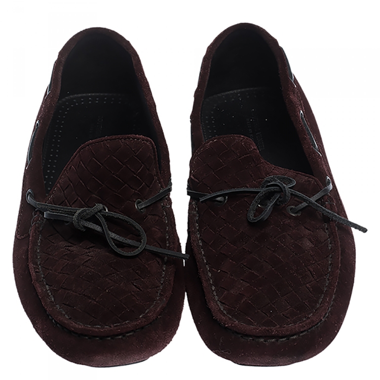 Pre Owned Bottega Veneta Burgundy Intrecciato Suede Leather Loafers Size 43