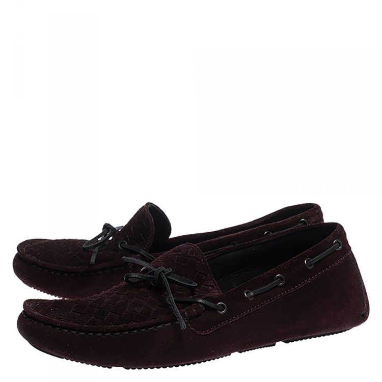 Pre Owned Bottega Veneta Burgundy Intrecciato Suede Leather Loafers Size 43