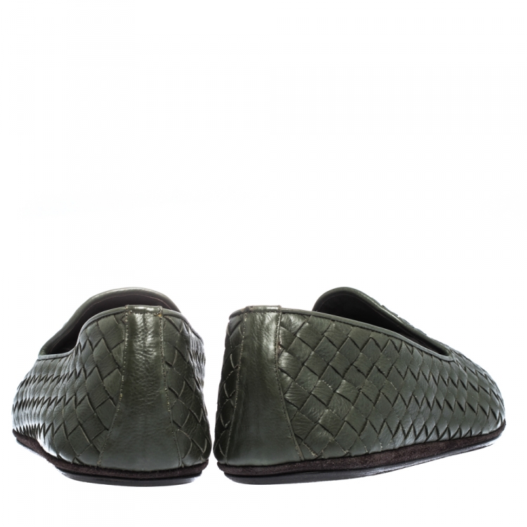Pre Owned Bottega Veneta Green Intrecciato Leather Smoking Slippers Size 40.5