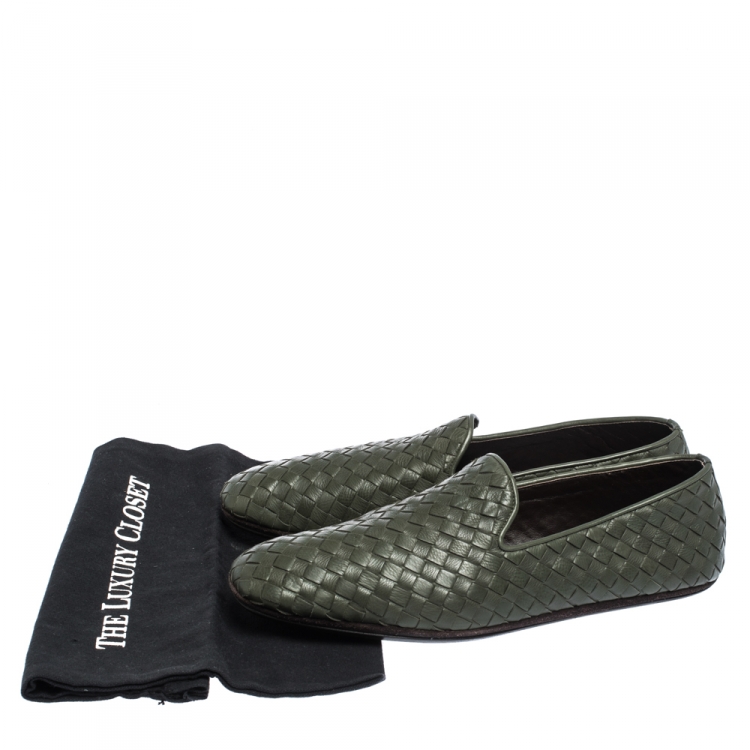 Pre Owned Bottega Veneta Green Intrecciato Leather Smoking Slippers Size 40.5