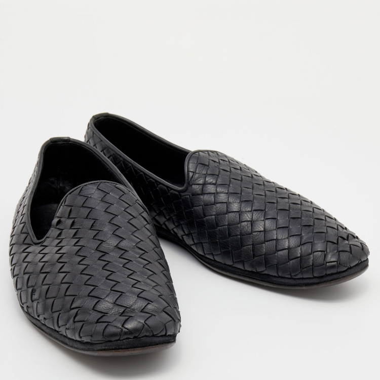 Pre Owned Bottega Veneta Black Intrecciato Leather Slip on Loafers Size 40
