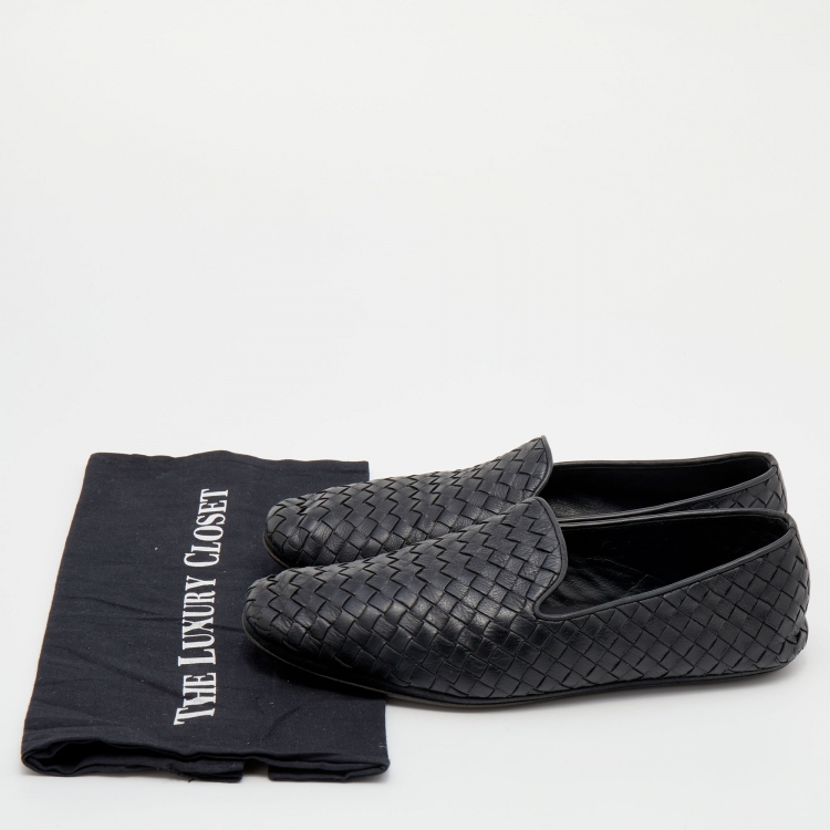 Pre Owned Bottega Veneta Black Intrecciato Leather Slip on Loafers Size 40