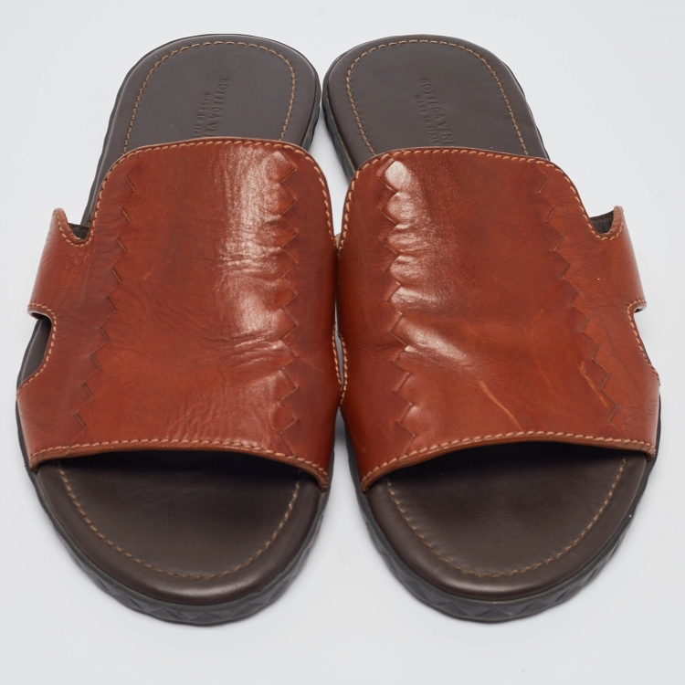 Pre Owned Bottega Veneta Brown Leather Flat Slides Size 43