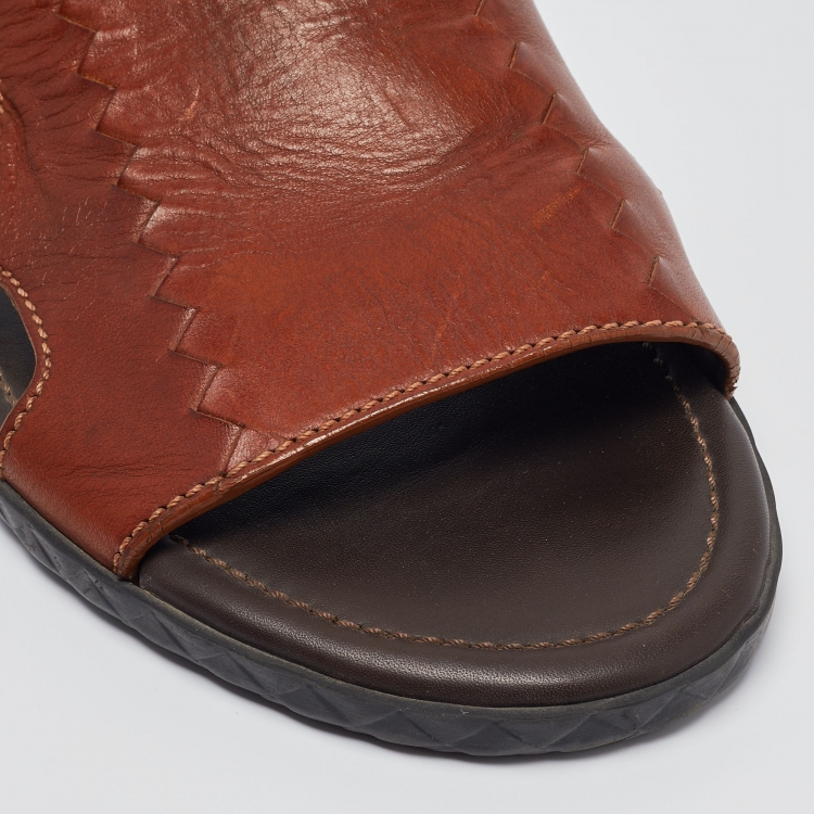 Pre Owned Bottega Veneta Brown Leather Flat Slides Size 43