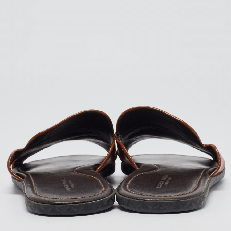 Pre Owned Bottega Veneta Brown Leather Flat Slides Size 43