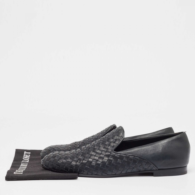 Pre Owned Bottega Veneta Midnight Blue Intrecciato Leather Slip On Loafers Size 45