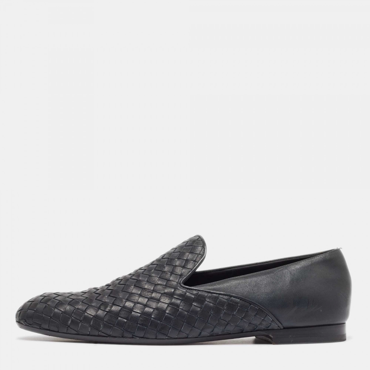 Pre Owned Bottega Veneta Midnight Blue Intrecciato Leather Slip On Loafers Size 45