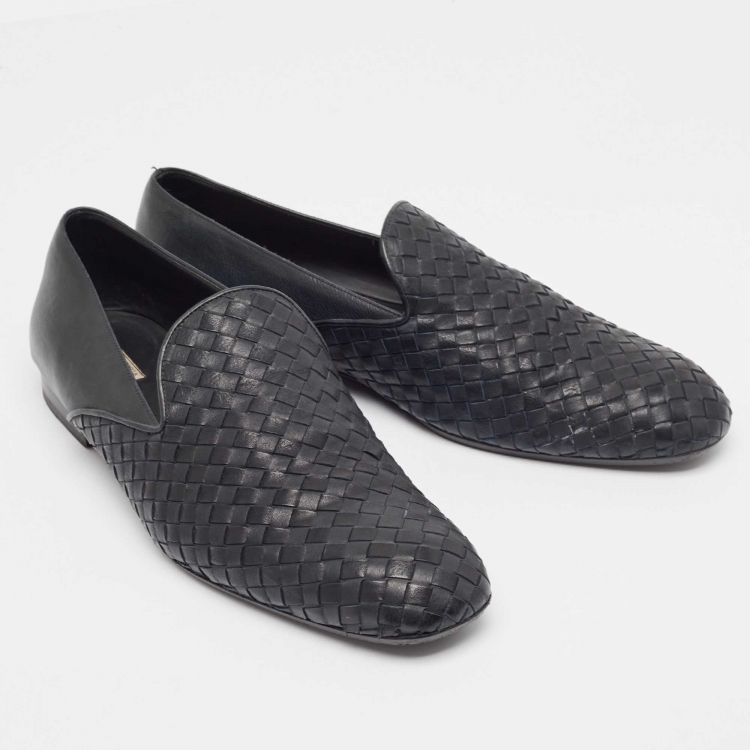 Pre Owned Bottega Veneta Midnight Blue Intrecciato Leather Slip On Loafers Size 45