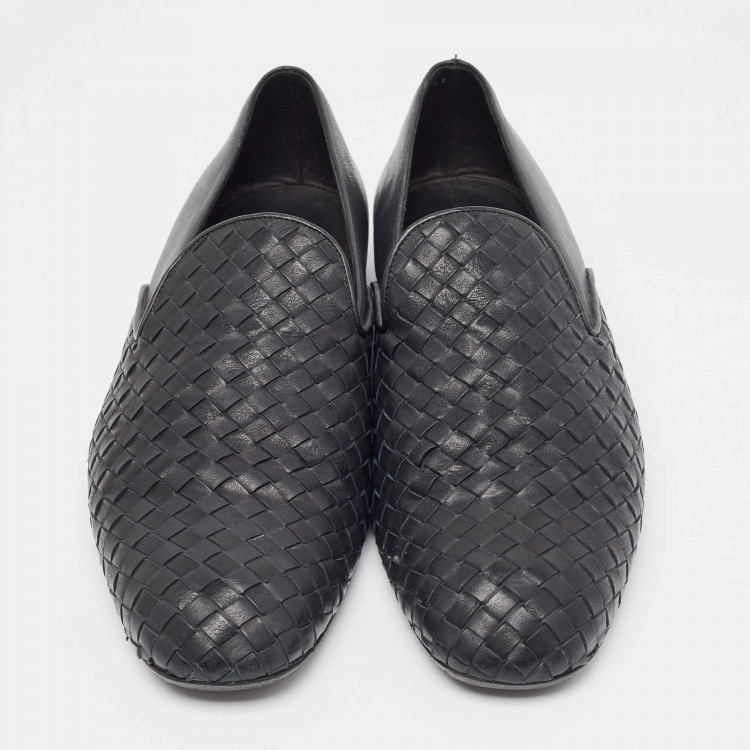 Pre Owned Bottega Veneta Midnight Blue Intrecciato Leather Slip On Loafers Size 45