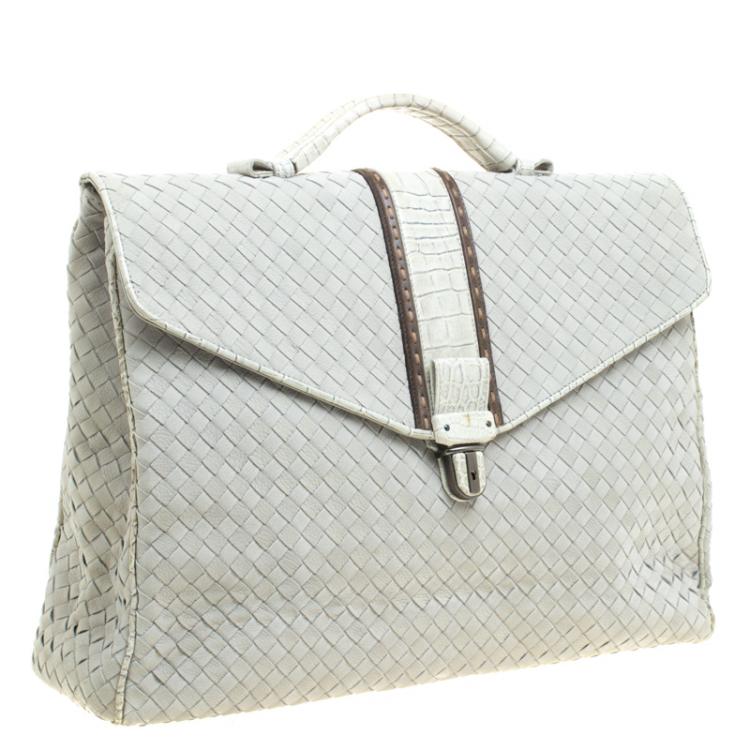 Pre Owned Bottega Veneta Grey Intrecciato Leather Crocodile Trim Briefcase 