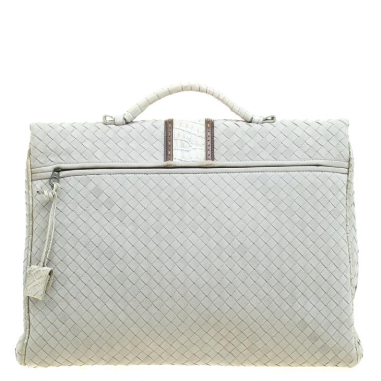 Pre Owned Bottega Veneta Grey Intrecciato Leather Crocodile Trim Briefcase 