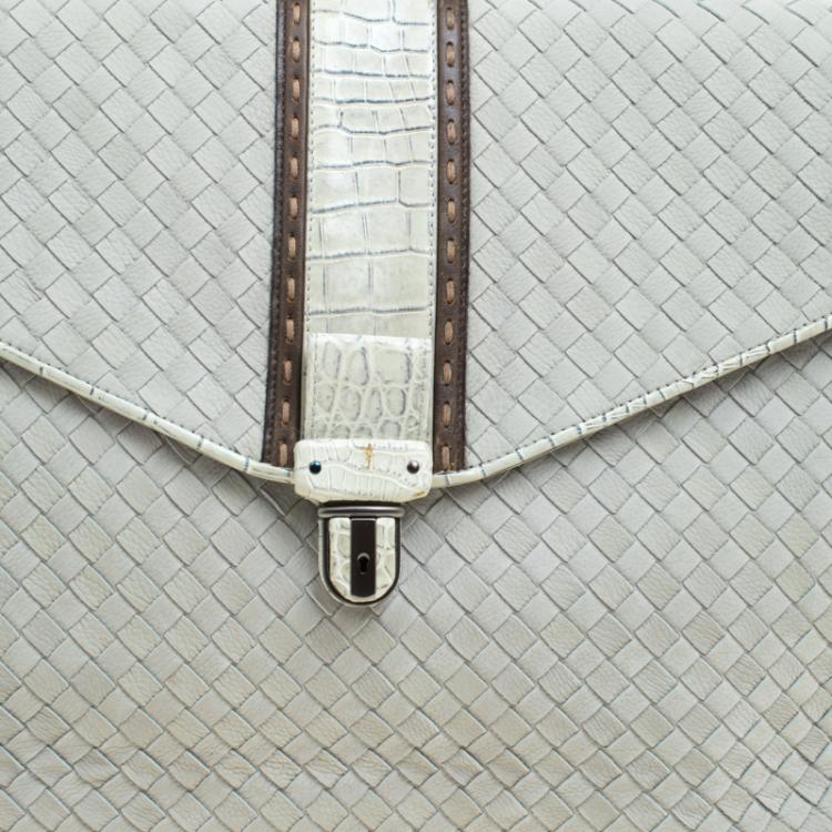 Pre Owned Bottega Veneta Grey Intrecciato Leather Crocodile Trim Briefcase 