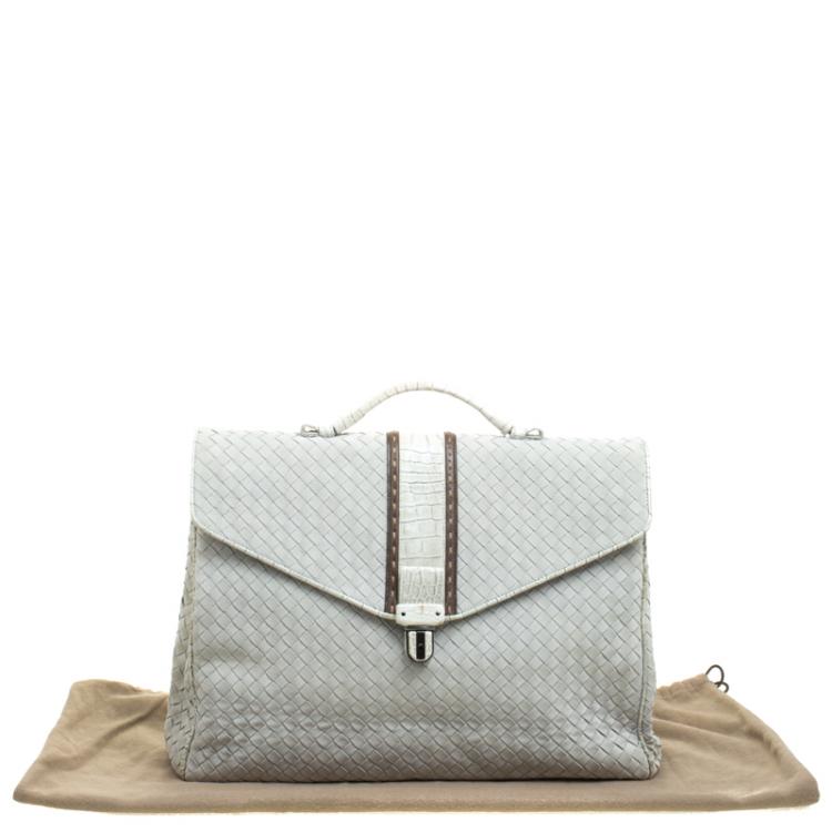 Pre Owned Bottega Veneta Grey Intrecciato Leather Crocodile Trim Briefcase 