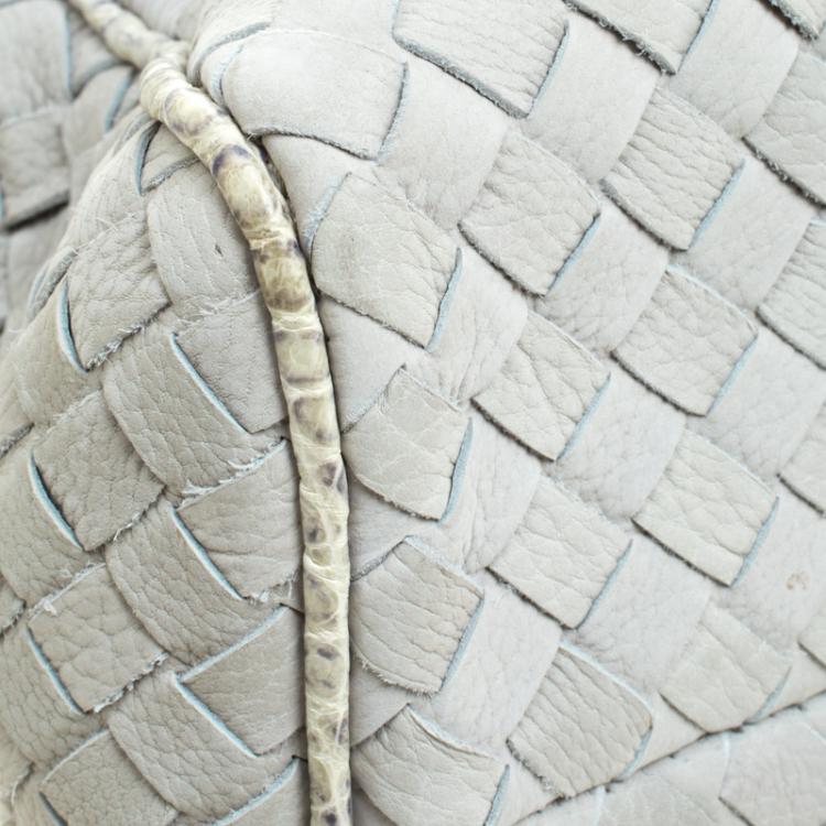 Pre Owned Bottega Veneta Grey Intrecciato Leather Crocodile Trim Briefcase 