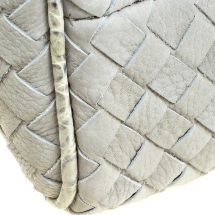 Pre Owned Bottega Veneta Grey Intrecciato Leather Crocodile Trim Briefcase 