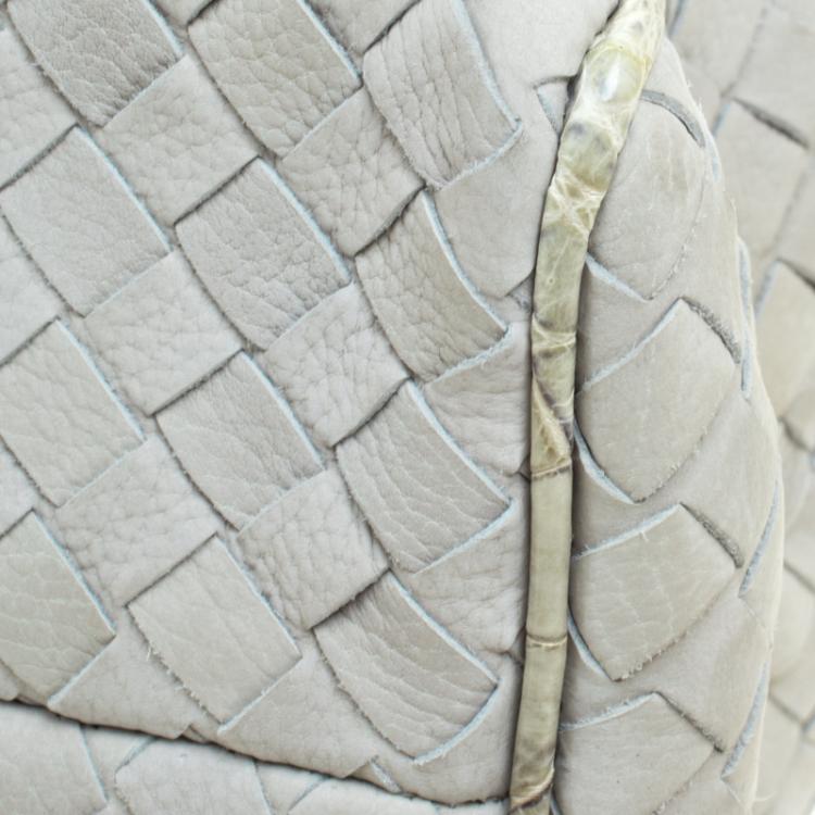 Pre Owned Bottega Veneta Grey Intrecciato Leather Crocodile Trim Briefcase 